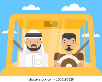 Two Arabs are riding in a car on a sunny day