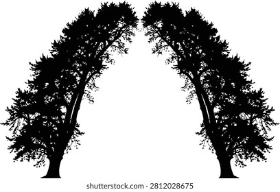 Two arched trees creating a natural gateway silhouette vector