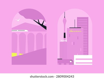 Two arched windows, one showcasing a rural scene with a train passing over a bridge, the other revealing a towering city skyline