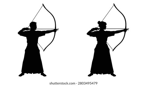 Two archers drawing bows depicted as a black silhouette against a white background silhouette archer archery bow bowman