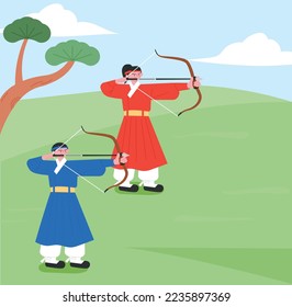 Two archers in traditional costumes are shooting a Traditional Korean archery. Korean traditional martial arts.