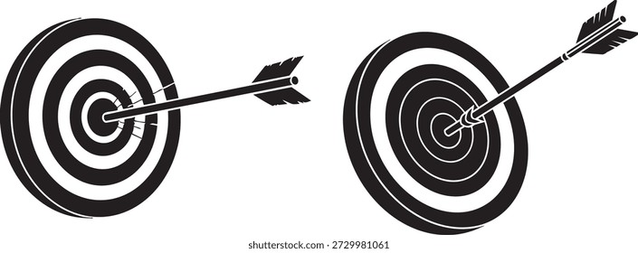 Dois alvos de tiro com arco com setas perfurando o centro representando precisão e realização em um design gráfico minimalista preto e branco simbolizando habilidade e foco.