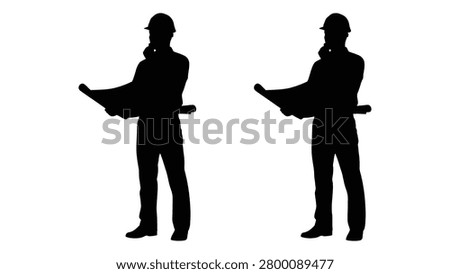 Two architect silhouettes are depicted holding rolled blueprints presented as a black shape on a white background.