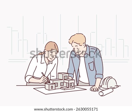 Two Architects Reviewing Design with Interior Model. Hand drawn style vector design illustrations.