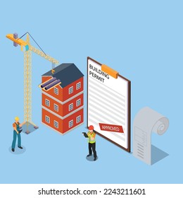 Two architects stand with approved building permit on clipboard isometric 3d vector illustration concept for banner, website, illustration, landing page, flyer, etc.