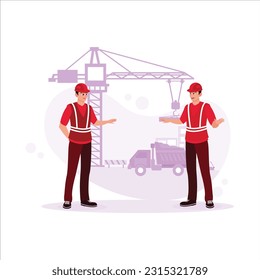 Two architects are standing before a modern construction area, discussing the project. Trend modern vector flat illustration.