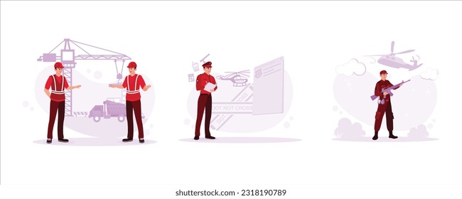 Two architects surveyed a construction site. Police officer records traffic. They armed special forces. Trend modern vector flat illustration.