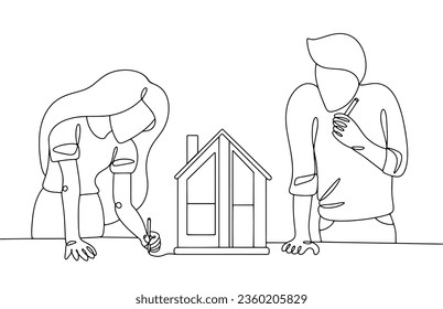 Two architects are working on a drawing of a future house. Housing Day. World Architecture Day. One line drawing for different uses. Vector illustration.