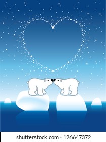 Two Arctic Polar Bears on Icebergs under a Heart Shaped Starry Blue Sky