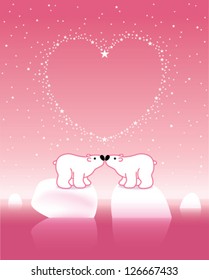 Two Arctic Polar Bears on Icebergs under a Heart Shaped Starry Pink Sky
