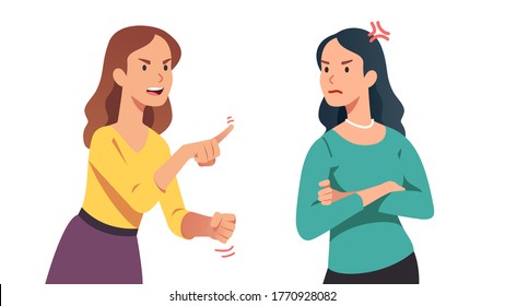 Two Arguing Women. Angry Lady Yelling, Shaking Clenched Fist And Pointing Finger At Annoyed Disagreeing Friend. Person Loosing Temper In Conflict. People Argument. Flat Vector Character Illustration