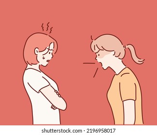 Two arguing women. Misunderstanding disagreement insult concept. Hand drawn style vector design illustrations.