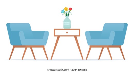 Two Armchairs and coffee table  in modern style with vase. Front view. Vector illustration in flat style
