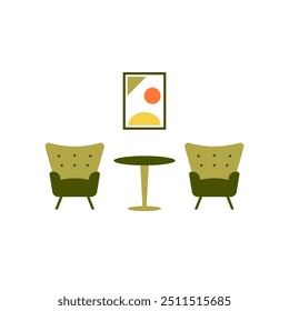 Two armchairs and coffee table with modern poster on the wall. Vector flat style color icon on a white background