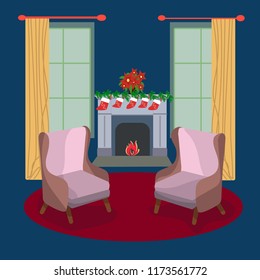 Two armchairs in front of decorated fireplace on dark blue background. 