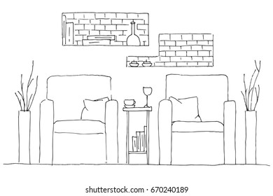 Two armchairs and a high table. Vase with flowers on the table. Hand drawn interior. Vector illustration in sketch style
