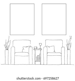 Two armchairs and a high table. Vase with flowers on the table. Frame on the wall for Fitting Your information. Hand drawn interior. Vector illustration in sketch style