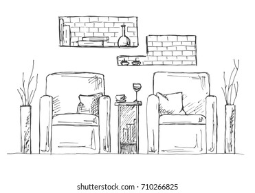 Two armchairs and a high table. Vase with flowers on the table. Hand drawn interior. Vector illustration in sketch style