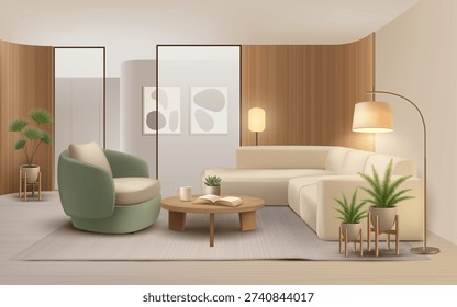 Two armchairs round table plant floor lamp framed art and warm interior setting realistic 3D illustration