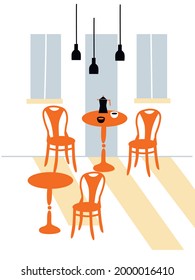 Dos sillones y una mesita con tazas de café. Sala de estar, cafetería, diseño de mobiliario de cocina, moderno vectores de elementos interiores del hogar. Caricatura de estilo plano. Moderno sillón para relajarse.