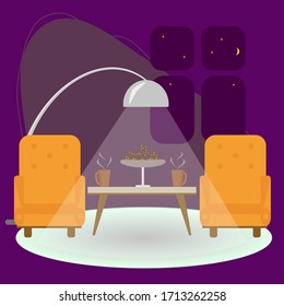Two armchairs, table, floor lamp in room, evening tea drinking. Cozy home interior of living room for relaxing. Vector illustration in flat style. Template for interior design in trendy colors.