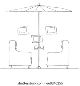 Two armchairs and a table. Large folding umbrella. Hand drawn vector illustration