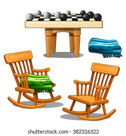 Two armchairs-rocking chairs and round checkers isolated on white background. Vector cartoon close-up illustration.