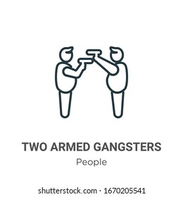 Dos gángsters armados apuntándose unos a otros con su icono portador de armas. La línea delgada negra dos gangsters armados apuntándose entre ellos con su icono de armas, vector plano ilustración de elemento simple de 