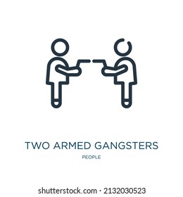 dos gángsters armados apuntándose entre ellos con su icono de delgada línea de brazos. arma, pistolas iconos lineales de personas concepto de señal de contorno aislado. Elemento de símbolo de ilustración vectorial para diseño web y aplicaciones.