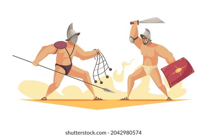 Dos gladiadores armados luchando contra la composición de dibujos animados ilustraciones vectoriales
