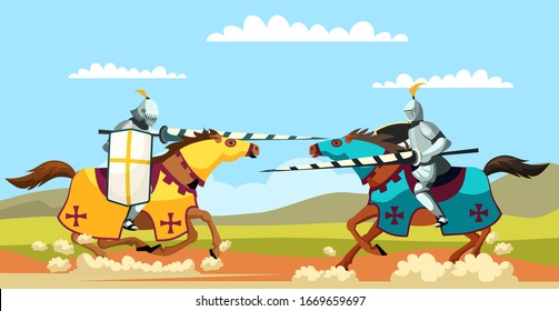 Two armed knights galloping on horseback. Knighthood medieval tournament. Cartoon ancient warriors with peaks and shields fighting riding horse. Jousting game. Vector flat war illustration