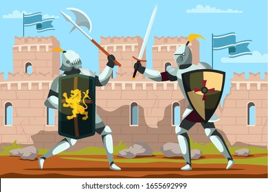 Two Armed Knights With Sword And Shield Fighting. Historical Battle Action. Medieval Duel. Castle Defense. Game Design. Knighthood. Warriors With Weapon. Vector Swordsman Combat Illustration