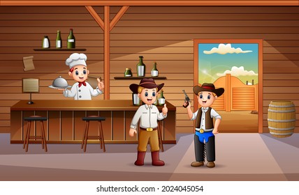 Two of armed men with bartenders behind counter in the bar