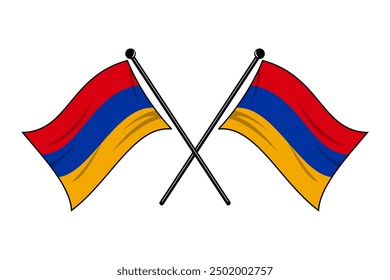 Dos banderas armenias con asta de bandera en posición cruzada revolotearon y ondearon. Ilustración gráfica de Vector editable y escalable aislada sobre fondo blanco archivo eps.