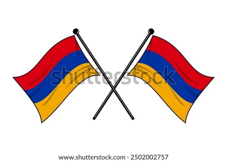 Two Armenian flags with flagpoles in a crossed position fluttered and waved. Editable and scalable vector graphic illustration isolated on white background eps file.