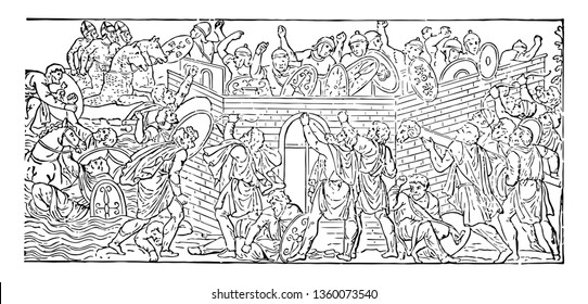 Two armies fighting each other. One is behind a stone wall and another army stands outside the wall, vintage line drawing or engraving illustration.