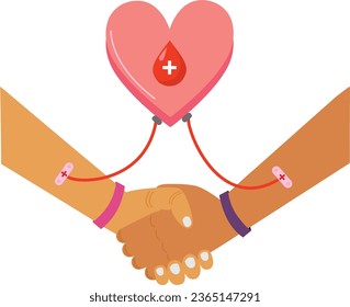 Two arms donating blood conected to a heart with a drop of blood on a white background with copy space