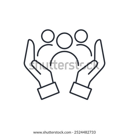 Two arms embrace a group of people. Inclusion social equity . Help, support, gender equality, community care. Vector linear icon isolated on white background. 