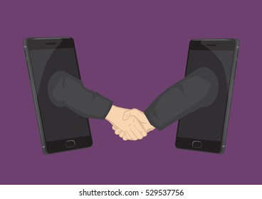 Two arms extended from mobile phones for a business handshake. Creative cartoon illustration on using technology for business concept isolated on plain background.