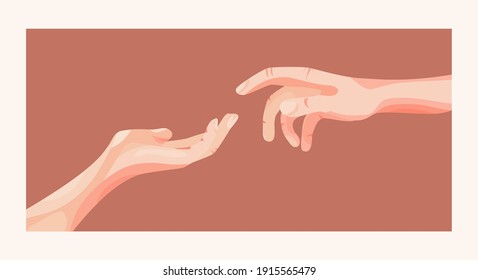 Two arms hands reaching to each other. Woman and man. Close up body part. Helping hand. Happy Valentines day. Flat design. Love soul gift concept Isolated. Brown background. Vector poster.