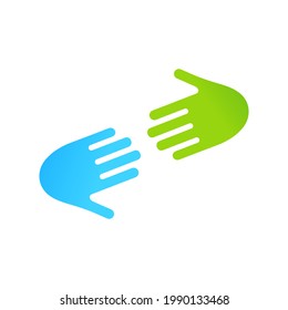 Two arms. Hands symbolizing team or teamwork. Flat blue and green illustration for business, inclusion and medicine. Assistance, hope and help concept. Vector illustration isolated on white