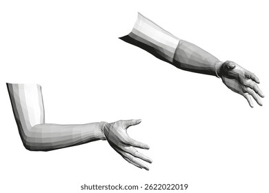 Two arms, one of which is extended and the other is bent. The extended arm is reaching out, while the bent arm is resting on the extended arm. Concept of connection and support between the two arms