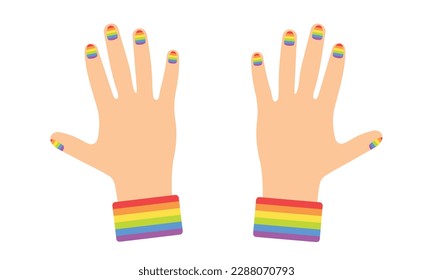 Two arms with rainbow on nail. Conception of LGBT. Vector illustration.