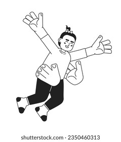 Two arms tossing toddler girl in air monochromatic flat vector character. Fun parent. Throwing kid in air. Editable thin line person on white. Simple bw cartoon spot image for web graphic design