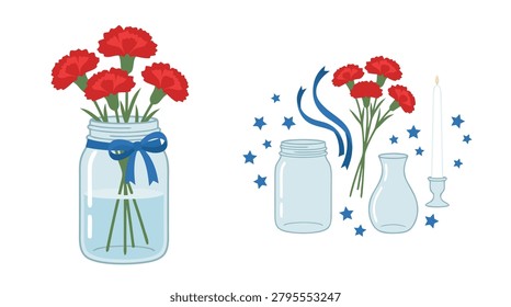 Two arrangements of red carnations, one in a mason jar with a blue ribbon, and another in a vase with decorative stars and ribbons.