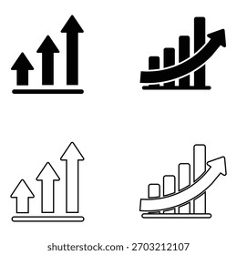 Dos gráficos de flechas y dos iconos de gráficos de barras muestran tendencias ascendentes y crecientes en estilos de contorno y negro sobre un fondo blanco.