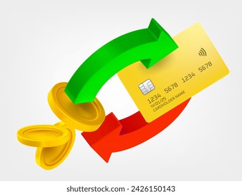 Two arrow in the circle with coins and bank card. Cashback concept. 3d vector icons isolated on white background