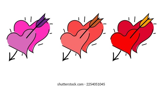Two arrow hearts drawn in a flat style. A symbol of love, falling in love, Valentine's Day. Set of three pieces in different colors. 