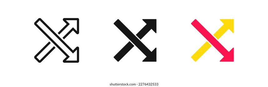Two arrow icon. Split road symbol. Crossed direction signs. Choice up or down symbols. Cross option icons. Black and flat color. Vector isolated sign.