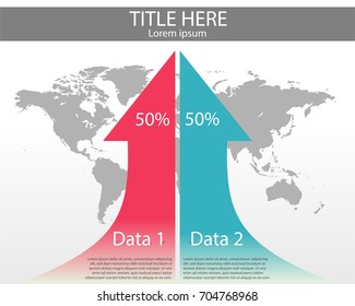 Two Arrow Indicate Increase Of Data With World Map Background. Infographic Vector Presentation.